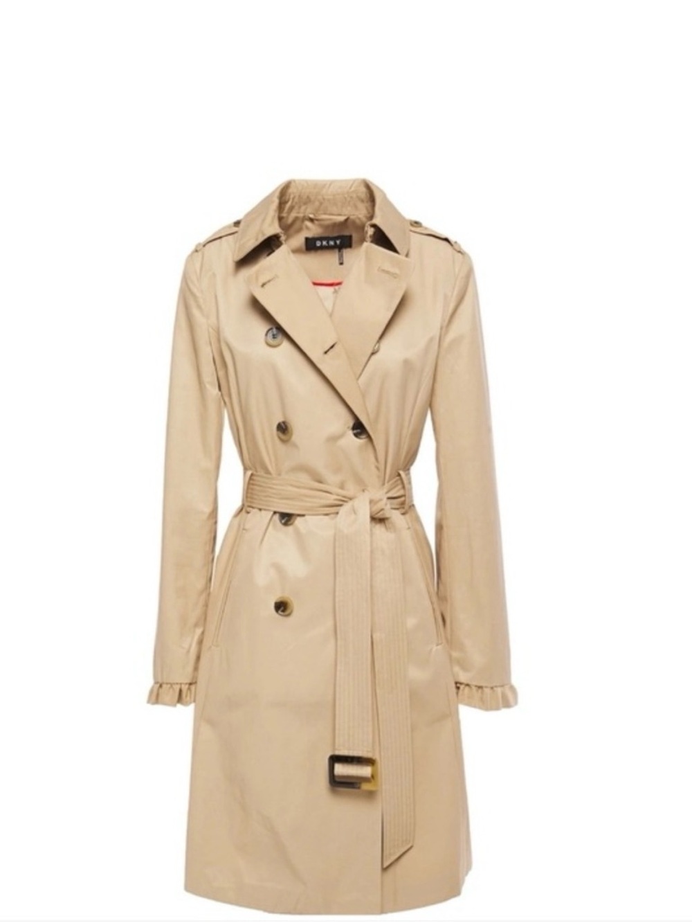 DKNY Beige Ruffle-Cuff Double-Breasted Belted Trench Coat